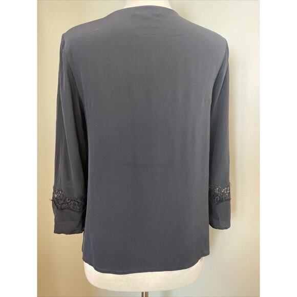 MADEWELL Silk Black Blouse Top Lace Details 3/4 Sleeves Crew Neck Large - Picture 5 of 7